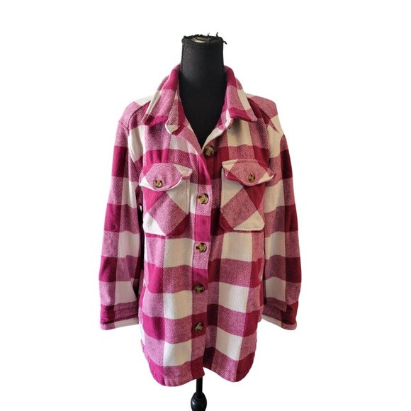 Member's Mark Button Front Plaid Shacket Size L Crimson Causal Fall/Winter - Picture 2 of 12